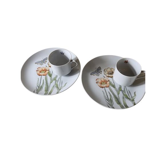 Vintage FITZ AND FLOYD 1976 Poppy & Butterfly 9" Plate inset Tea Cup - Set of 2 - Picture 1 of 11